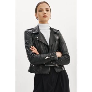 Zara Black 100% Real Leather Biker Jacket
